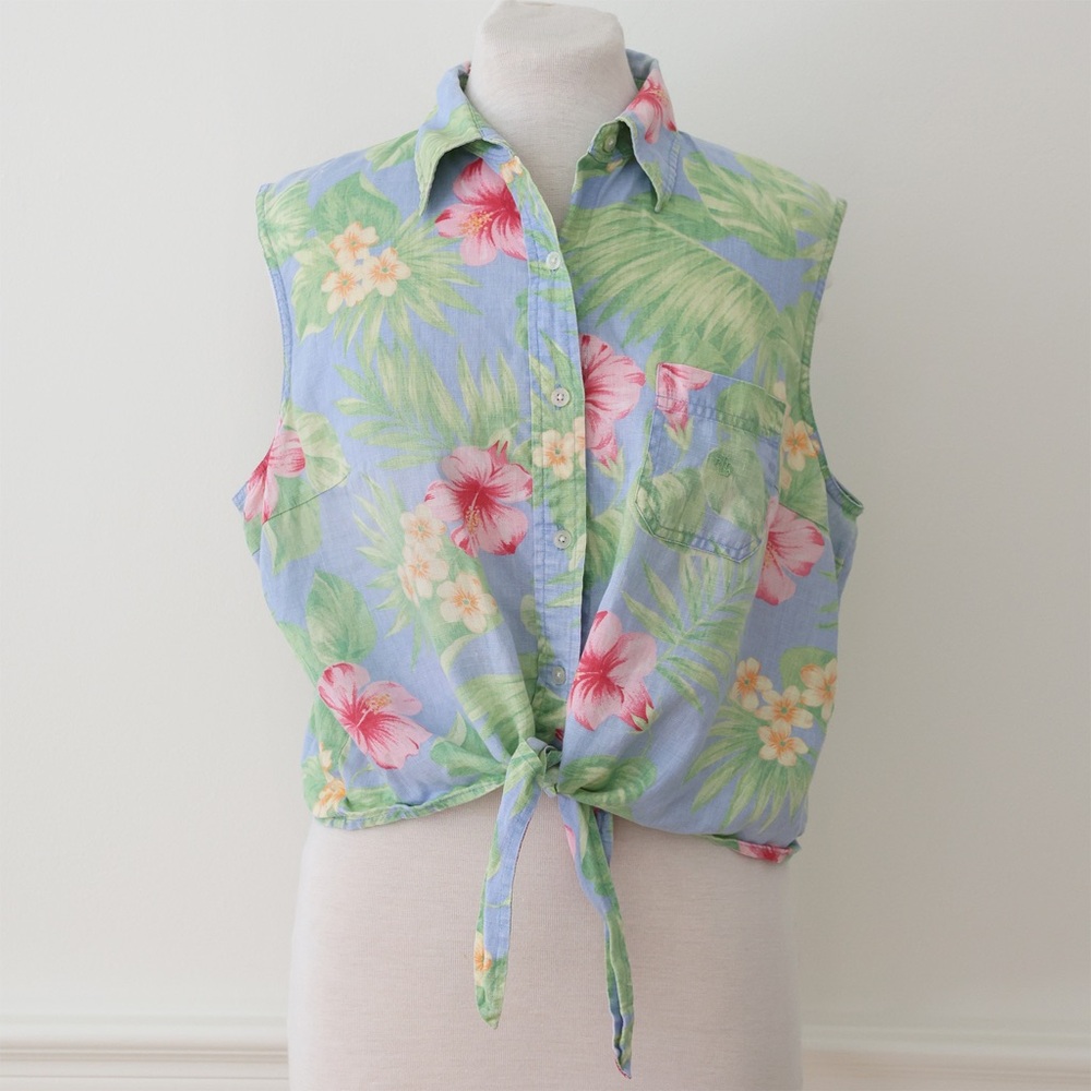 Lauren Ralph Lauren Blue Tropical Tie-Front Sleeveless Shirt